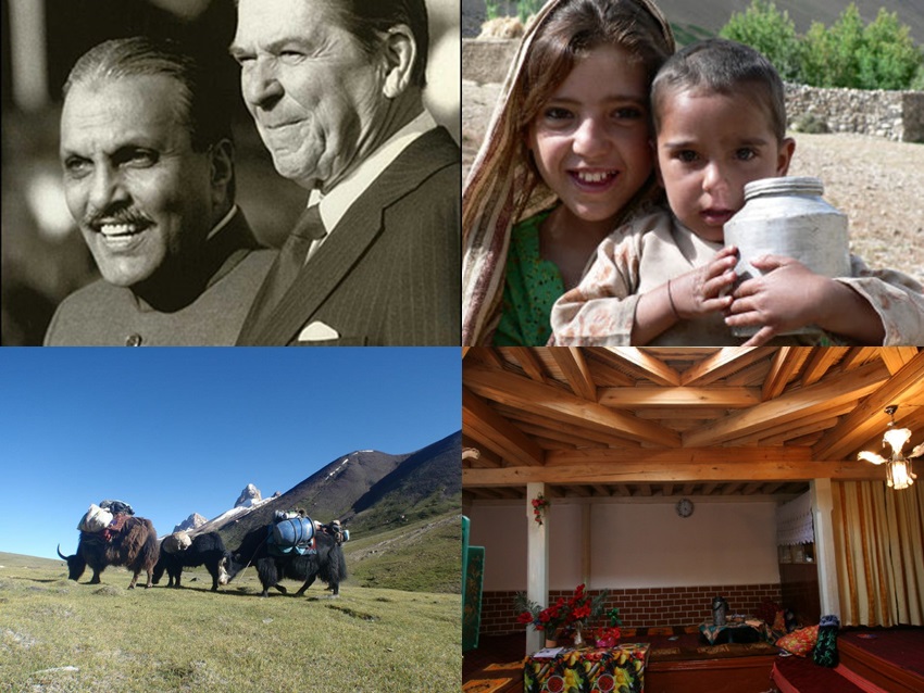 Clockwise from top left - Zia-ul-Haq with Ronald Reagan, A Shimshali girl with her little brother (almost as cute as Zia with The Gipper), Yak being used as porters, Living room in a Shimshali guesthouse